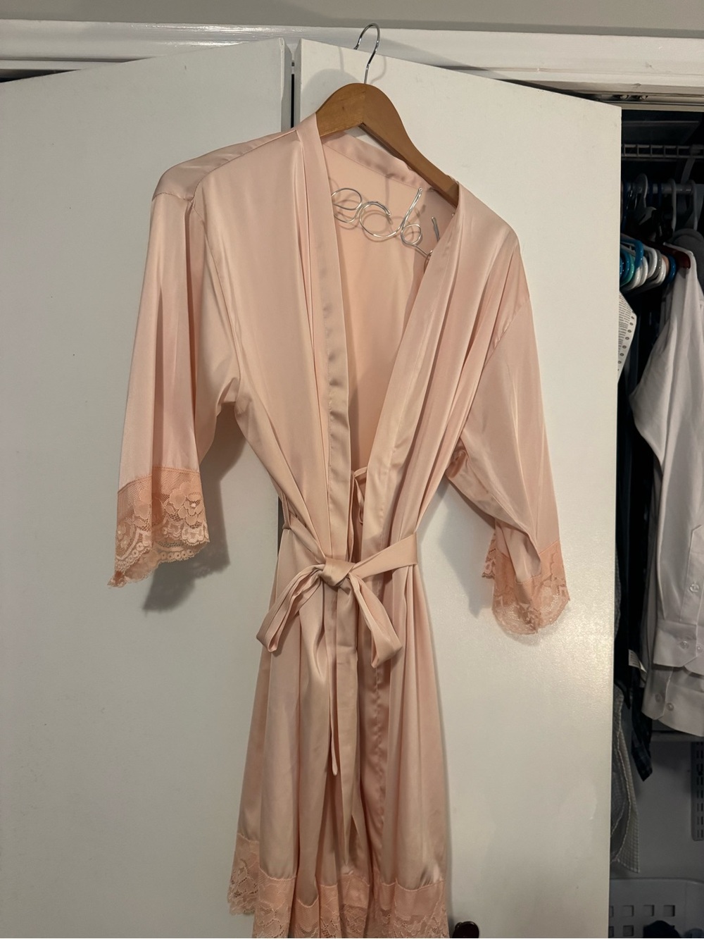 Satin Lace-Trim Robe in Blush Pink